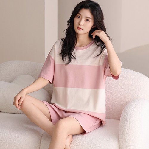 PINK LADY Pink Lady 純棉成套睡衣 微甜條紋 落肩短袖 兩件式女睡衣 居家服