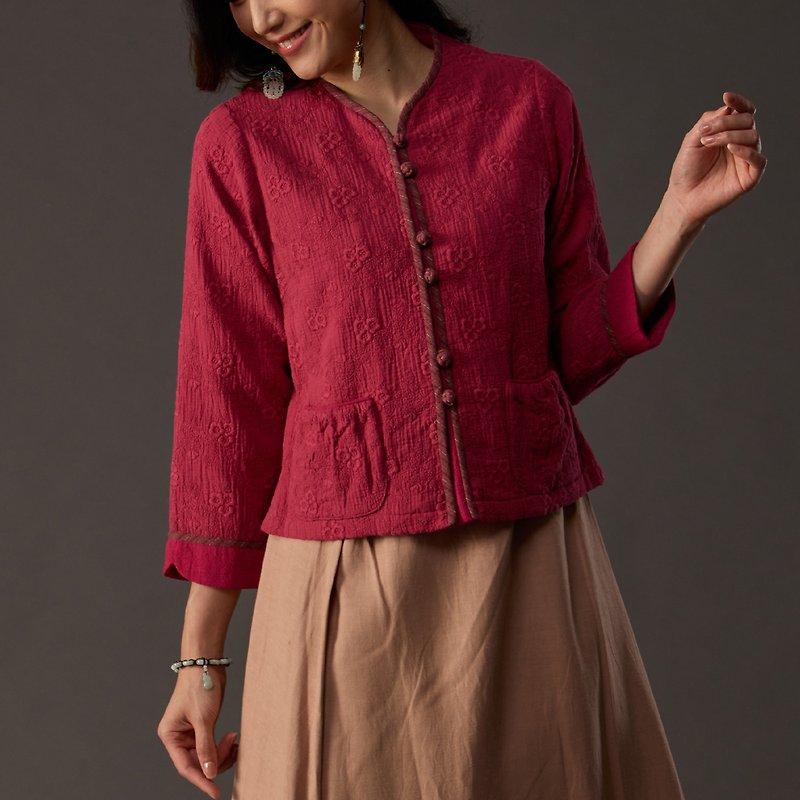 Classic Beauty【18106】Embroidered Arc Small Coat - เสื้อแจ็คเก็ต - ผ้าฝ้าย/ผ้าลินิน 