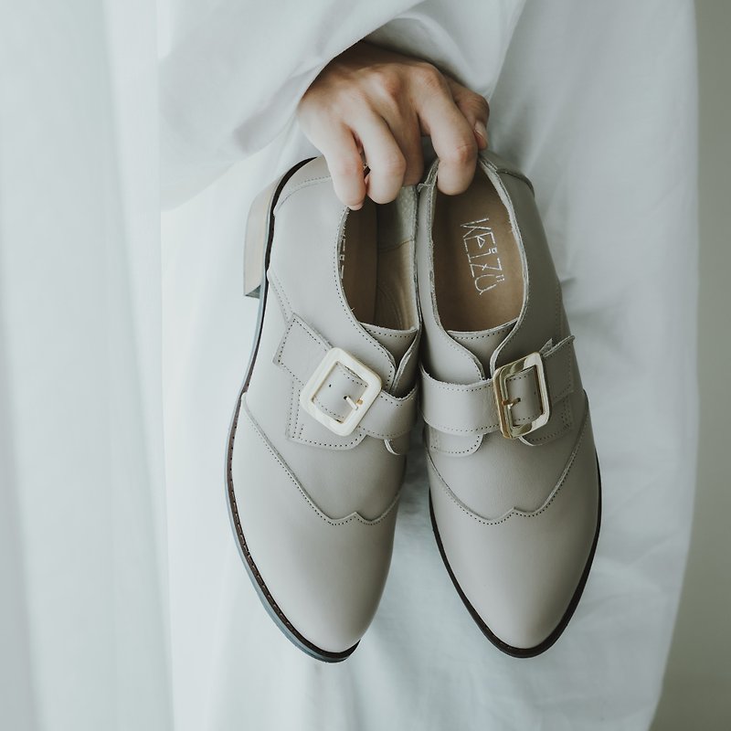 Four centimeters devil's felt Oxford wooden heel leather ankle boots | Gray | Taiwan genuine leather handmade shoes MIT - รองเท้าอ็อกฟอร์ดผู้หญิง - หนังแท้ สีเทา