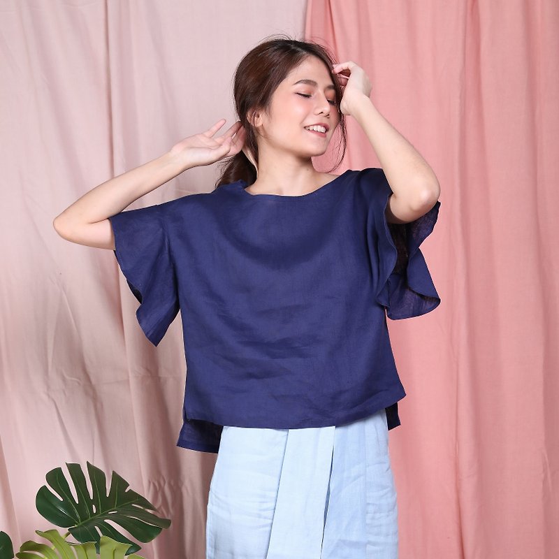 Natural Linen Top with butterfly sleeves Summer Top Comfortable Top- Vivid Blue - Women's Tops - Linen Blue