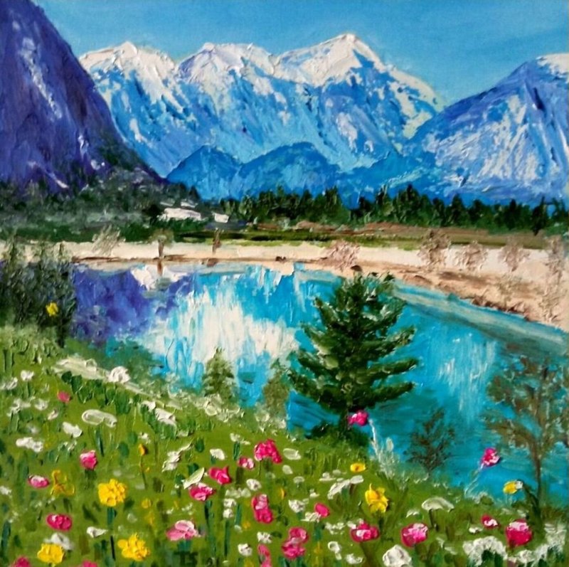Mountain lake Original oil painting 20x20 cm - 壁貼/牆壁裝飾 - 其他材質 