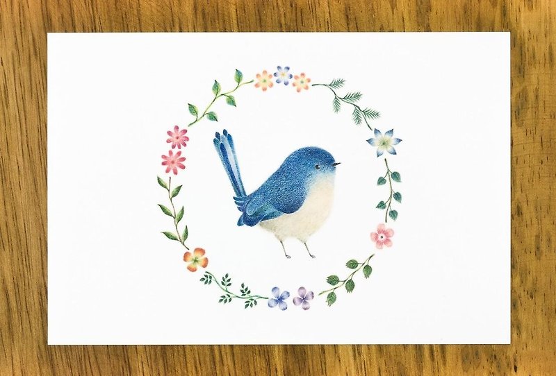 絵本のような。ポストカード "青色の小鳥と花の輪" (2枚セット) PC-50 - カード・はがき - 紙 ブルー