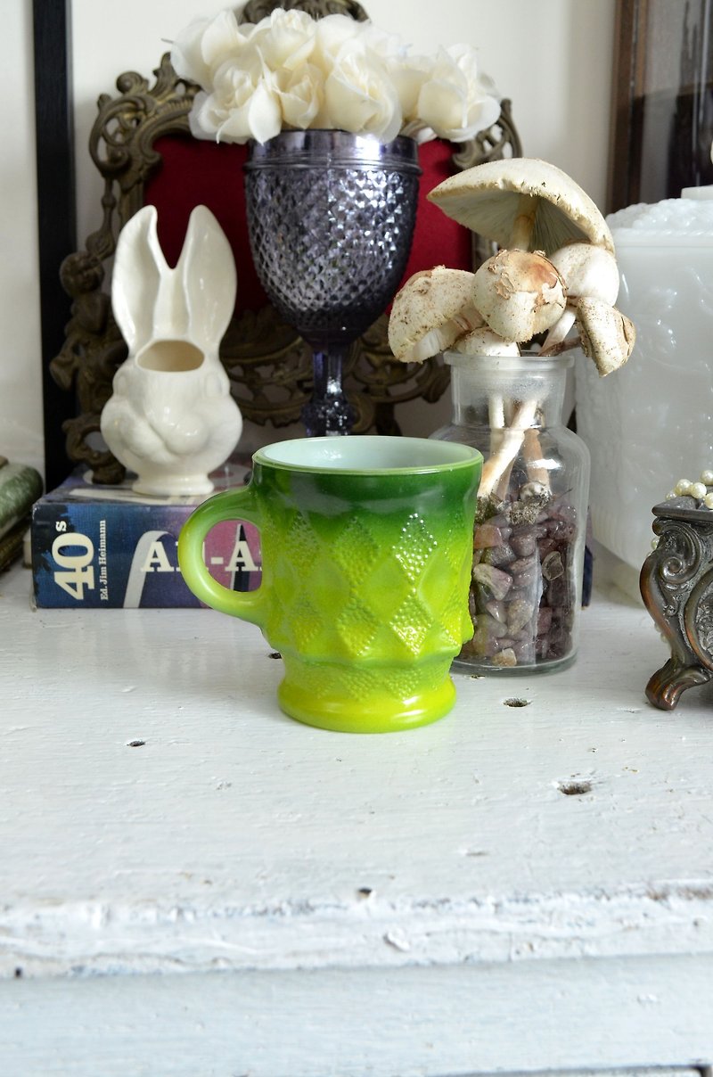 FIRE KING 青綠 x 芥末黃色 菱格咖啡杯 60年代古董 玻璃製品 MUG - 咖啡杯 - 玻璃 綠色
