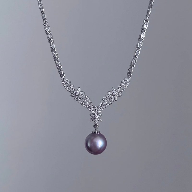 YuanPearl natural aurora high-grade round 12mm purple Edison pearl necklace pure silver necklace - สร้อยคอ - ไข่มุก ขาว