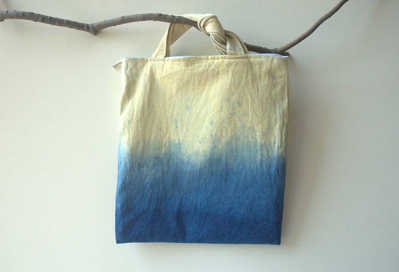 藍染/植物染-手提、肩背提袋-潑墨(黃x藍) - 側背包/斜孭袋 - 其他材質 藍色