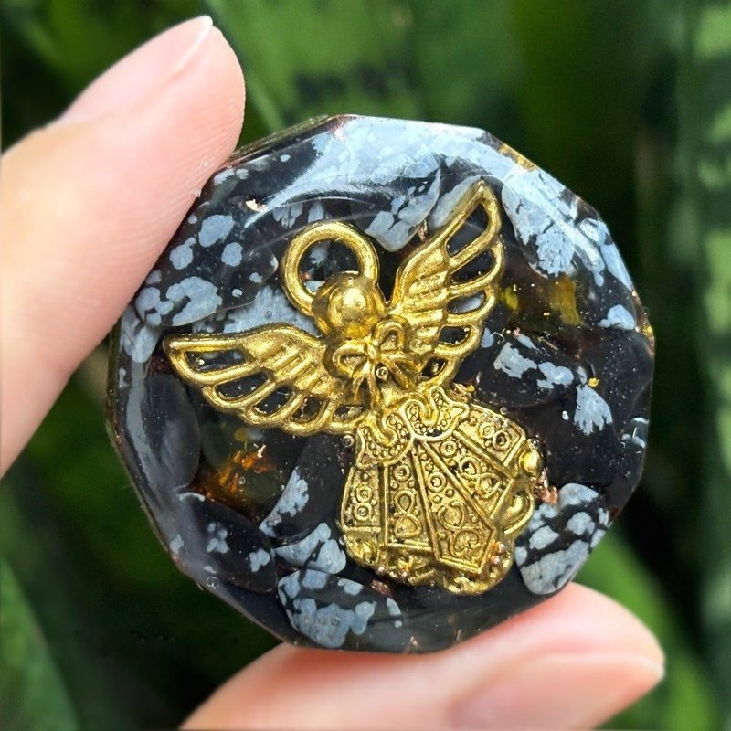 守護天使雪花黑曜石奧剛隨身盤 | 附絨袋 - 其他 - 水晶 黑色