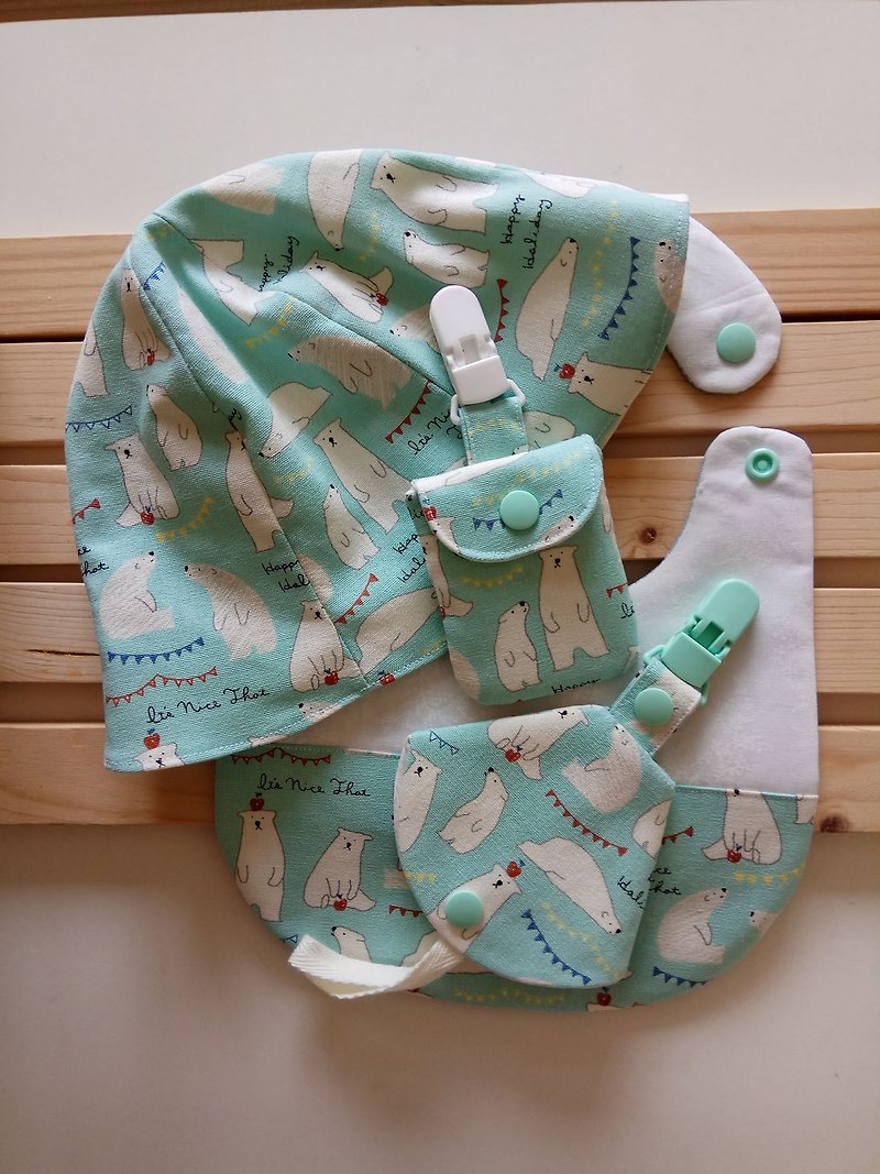 湖水綠北極熊  彌月禮物 圍兜+嬰兒帽+平安符袋+二合一奶嘴夾 - 彌月禮盒 - 棉．麻 綠色