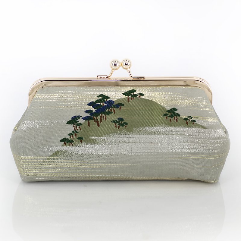 Vintage Japanese Kimono Obi Clutch | Pine Forest in a Misty Mountain - กระเป๋าคลัทช์ - ผ้าไหม สีเทา