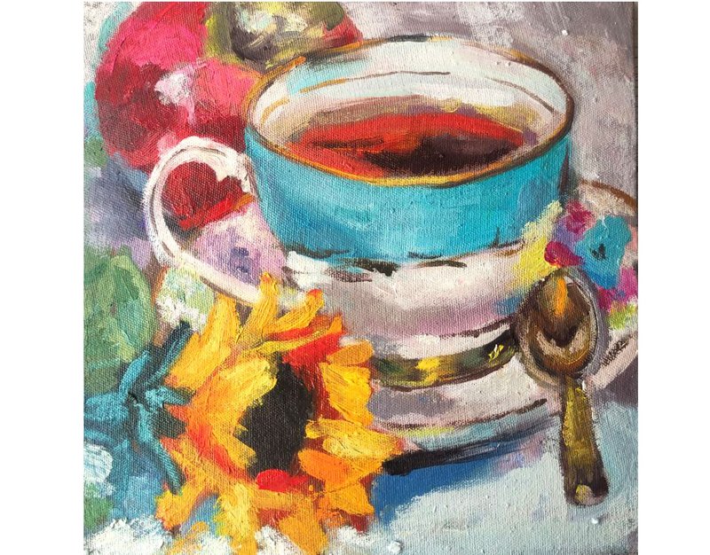 Teacup Oil Painting Sunflower Artwork Tea Painting 20 by 20 cm Floral Wall Art - 海報/掛畫 - 其他材質 黃色