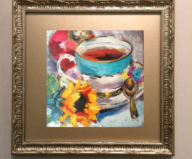 ティーカップ油絵 ひまわりのアートワーク ティーペインティング 20 x