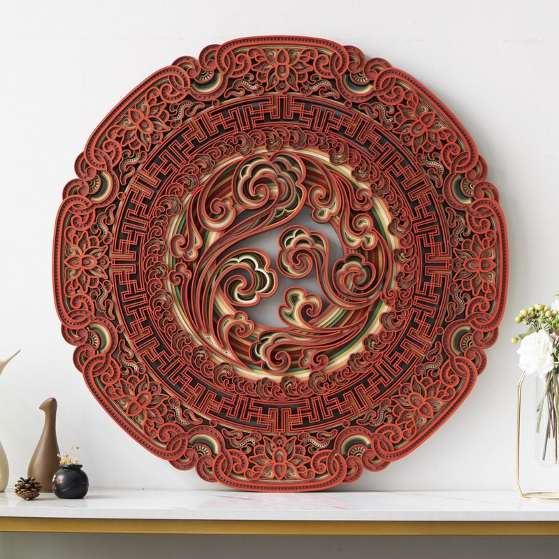 吉祥如意|創意木質新中式牆面裝潢壁飾圓形壁掛裝飾品 - 壁貼/牆壁裝飾 - 木頭 