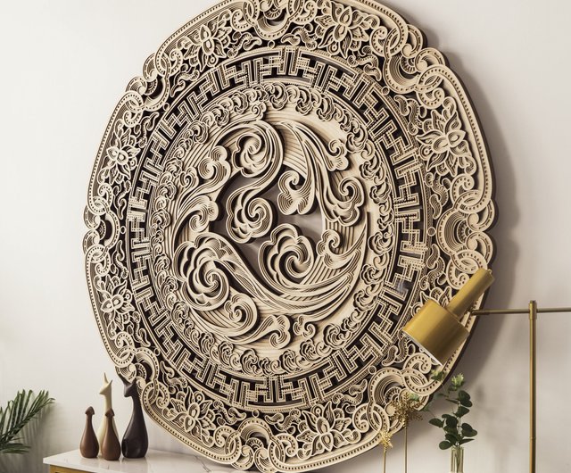 吉祥如意｜クリエイティブな木製新中国風ウォールデコレーション、円形