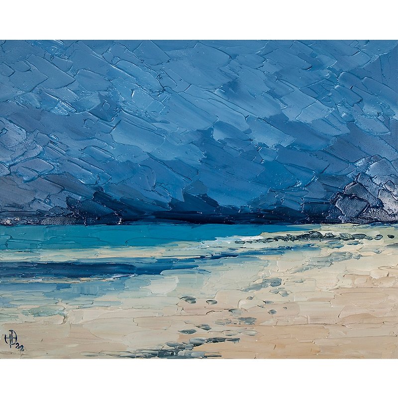 Seascape Painting Beach Original Art Minimalist Oil Painting 油畫原作 海景風景畫 - Posters - Other Materials Blue