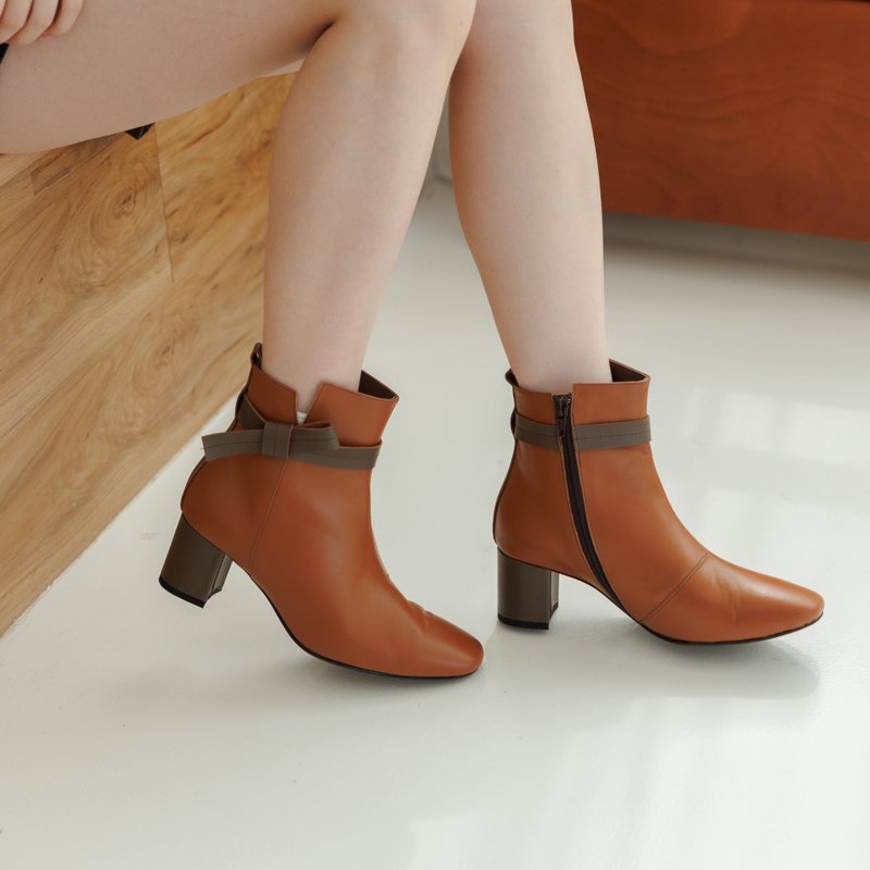 Made in Taiwan, bow round toe genuine leather low heel short boots for women, women's boots - รองเท้าบูทสั้นผู้หญิง - หนังแท้ 