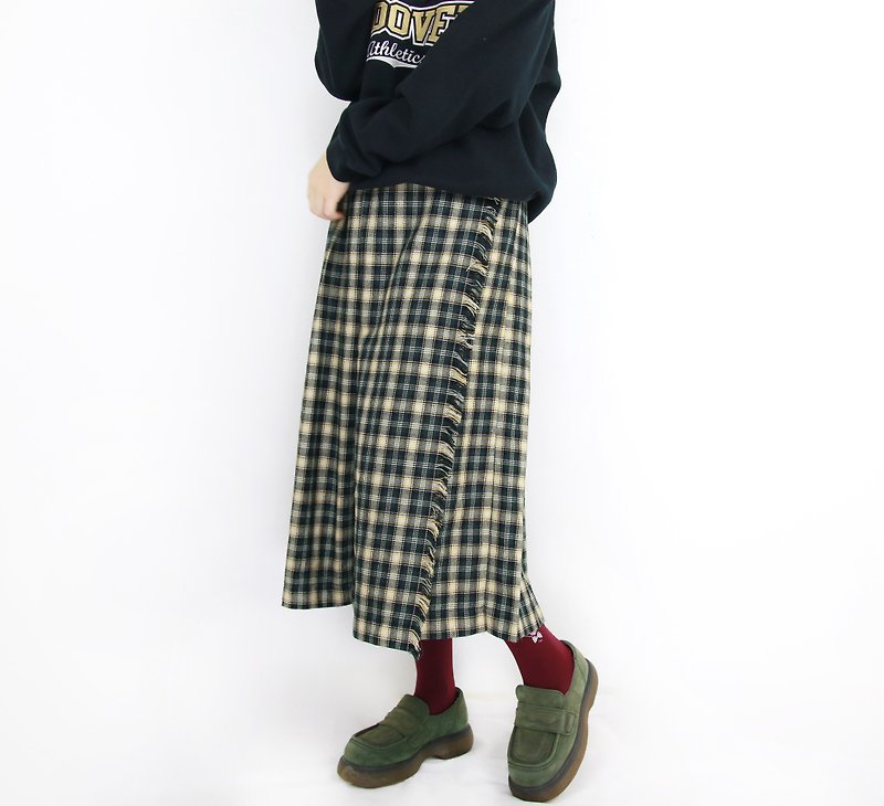 Back to Green:: 側邊 自然刷毛 綠色格紋毛呢 vintage skirt ( SK-43 ) - 裙子/長裙 - 聚酯纖維 