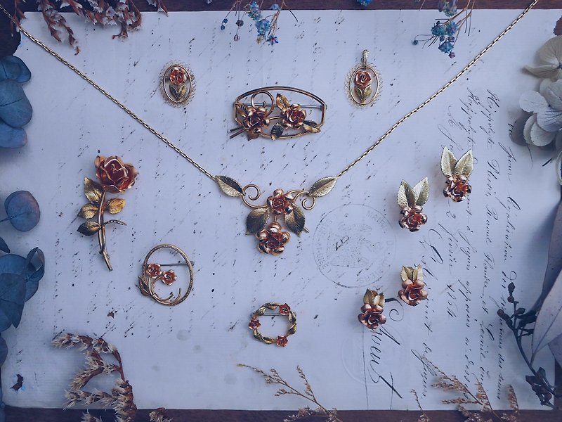 Krementz Two Tone Rose Platter_Necklace Brooch Earrings-American Antique Jewelry