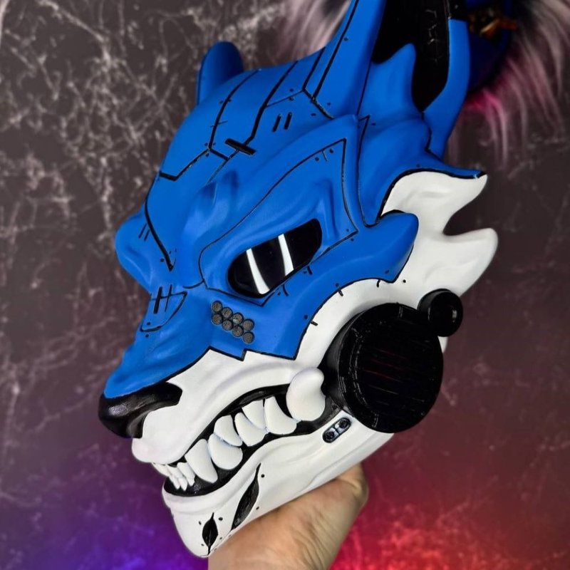 Cyberpunk Kitsune Mask: Blue & White, Blue Fox Mask, Cyber Mask of Yokai fox - 口罩/口罩收納套 - 樹脂 藍色