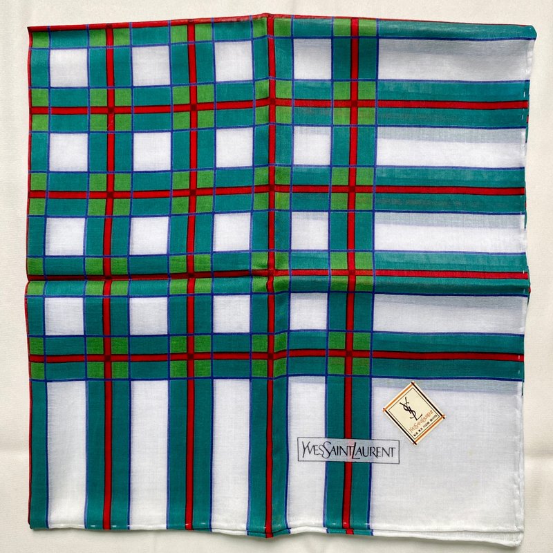 Vintage Yves Saint Laurent YSL Plaid Geometric Green White Cotton Handkerchief - 手帕 - 棉．麻 綠色