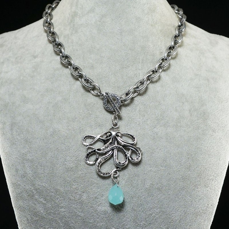 Silver Octopus Choker Necklace Teal Blue Chalcedony Stone Squid Necklace Jewelry - 項鍊 - 半寶石 銀色