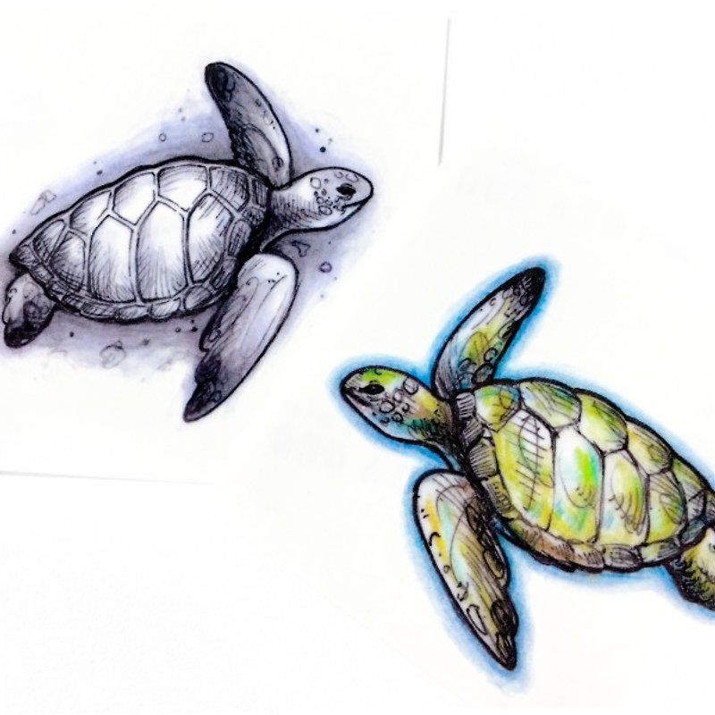 LAZY DUO水彩動物刺青紋身貼紙海龜海洋烏龜大自然自由夢想夏天 - 紋身貼紙/刺青貼紙 - 紙 多色