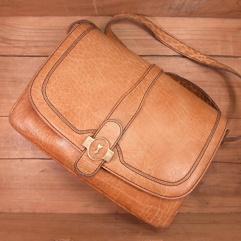 Old bone GOLD PFEIL leather side backpack Q24 Vintage - กระเป๋าแมสเซนเจอร์ - หนังแท้ สีนำ้ตาล