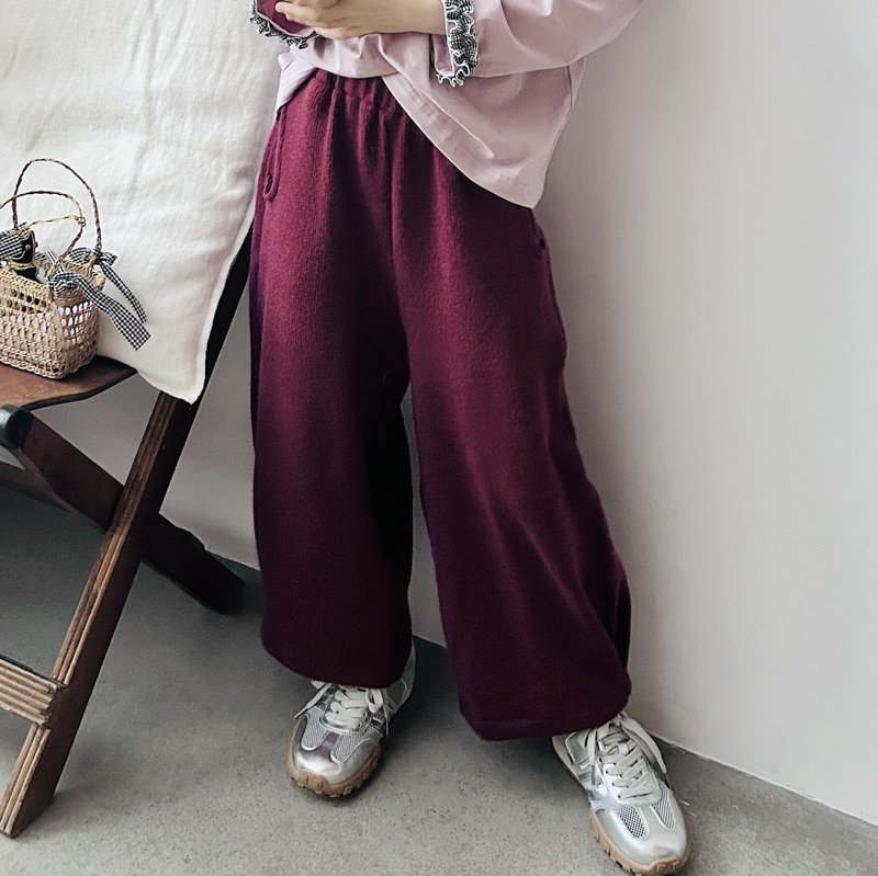 Berry red twill knitted trousers/children's clothing - กางเกง - ผ้าฝ้าย/ผ้าลินิน สีแดง