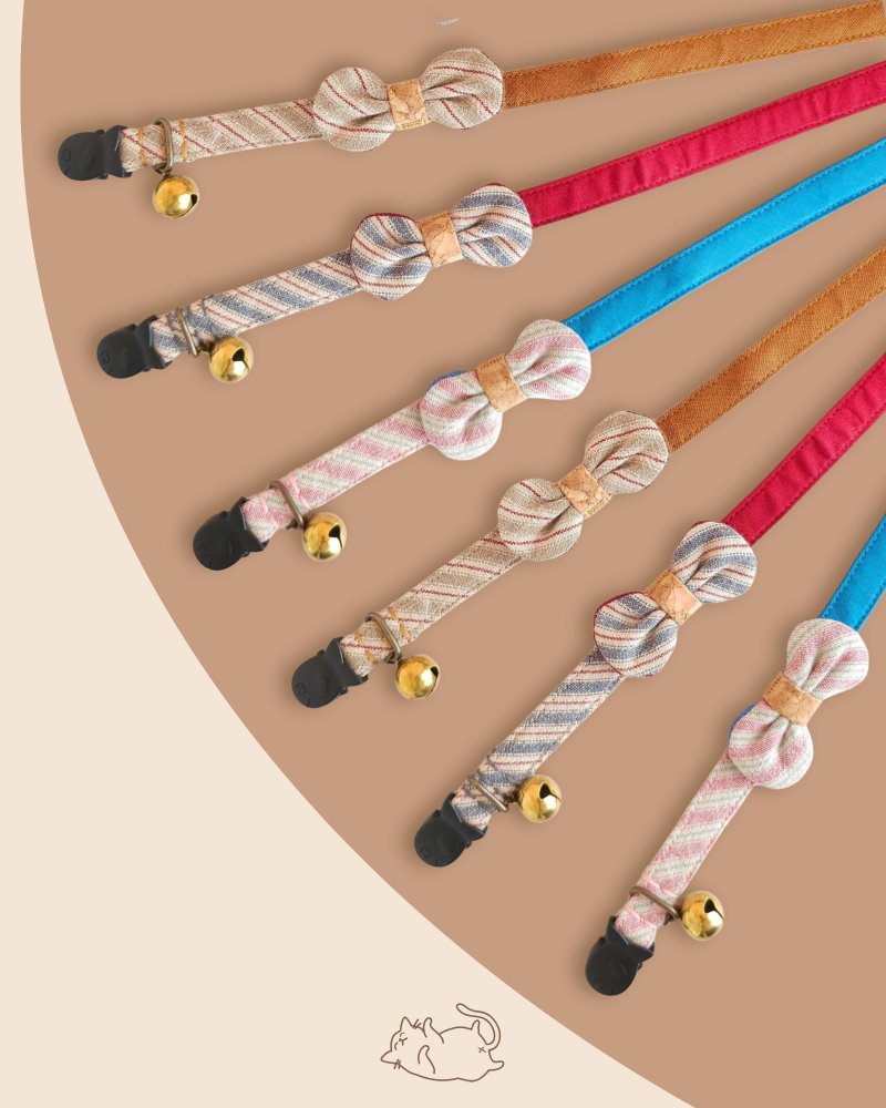 Daily Stripe 雙色貓安全項圈，可拆式蝴蝶結。附贈鈴鐺，5 種顏色 - 項圈/牽繩 - 棉．麻 多色