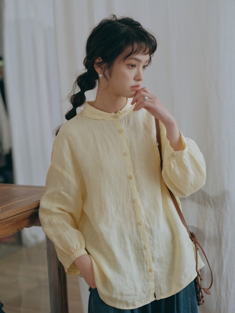 Baby doll collar linen relaxed shirt top long-sleeved Japanese style artistic wear spring and summer - Women's Tops - Cotton & Hemp Multicolor