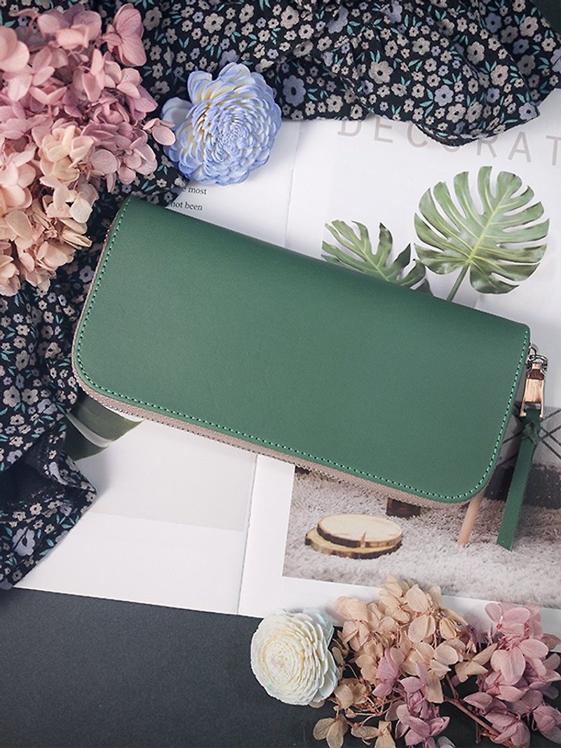 【Mother's Day】Green. Vegetable tanned long clip/wallet/wallet/coin purse - Wallets - Genuine Leather Green