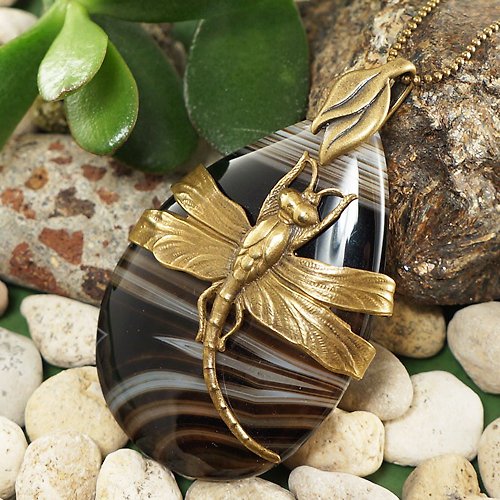 AGATIX Black Agate Necklace Brass Dragonfly Teardrop Pendant Necklace Insect Jewelry