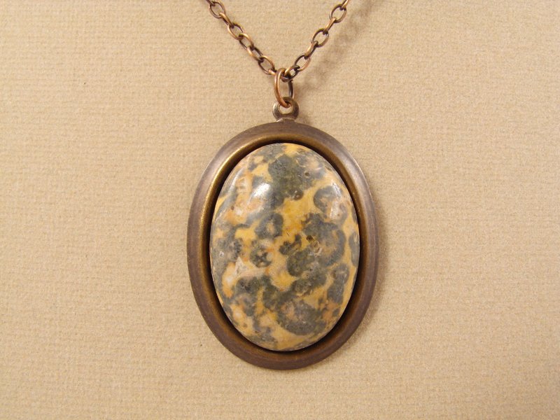 Leopard Jasper Necklace Beige Gray Brown Stone Oval Pendant Necklace Jewelry - Necklaces - Semi-Precious Stones Brown