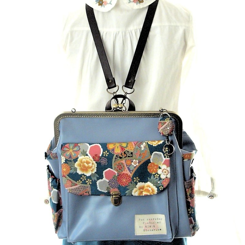 3 WAY with right furniture BIG rucksack set Japanese pattern Blue wisteria color - กระเป๋าเป้สะพายหลัง - หนังแท้ สีน้ำเงิน