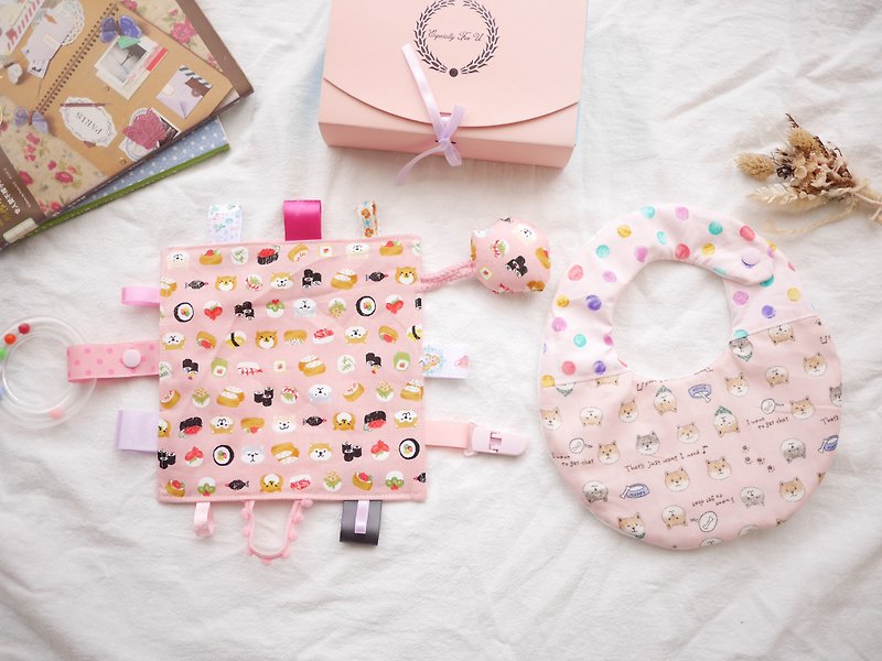 Six gauze saliva towel + soothing towel rattle can remove the Miyoshi gift box Shiba Inu sushi pink - Baby Gift Sets - Cotton & Hemp Pink