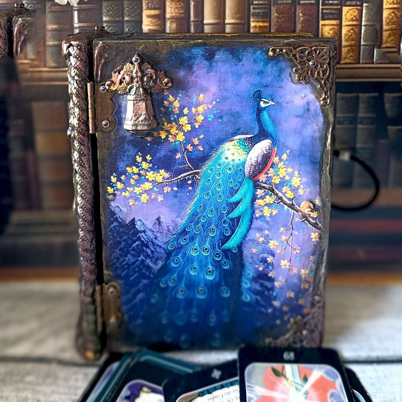 Peacock Box-Book,Box playing cards,Peacock tarot box,Peacock Feathe, Jewelry box - 居家收納/收納盒/儲物盒 - 木頭 藍色