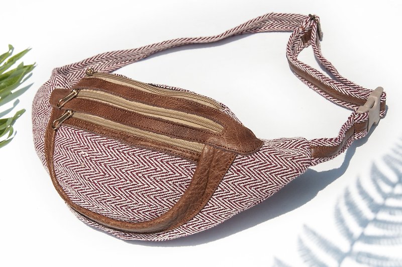 Leather chest bag, Linen and linen waist bag, portable waist bag, handwoven fabric, leather chest bag, cross-body bag, canvas-hill pattern - Messenger Bags & Sling Bags - Genuine Leather Multicolor