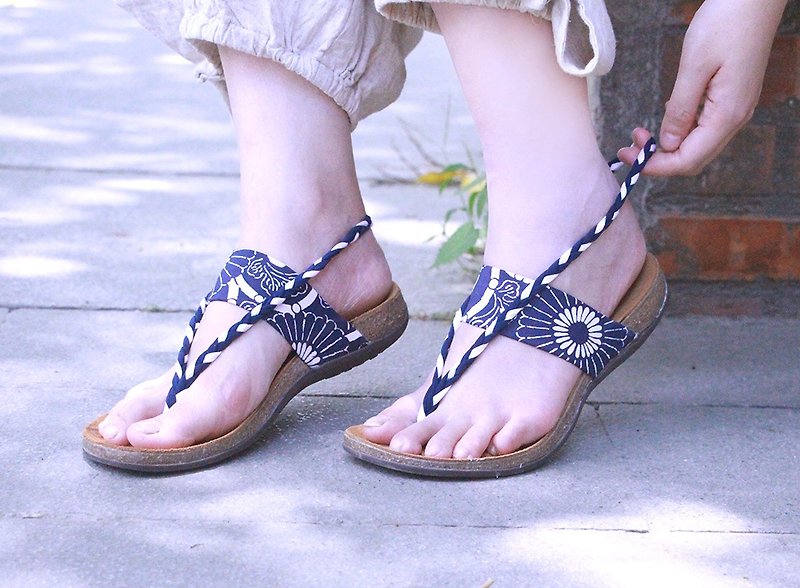 【Woven Sling Back Japan Blue】Lycra woven loop/ Leather insole, Cork footbed, Rub - รองเท้ารัดส้น - หนังแท้ สีน้ำเงิน