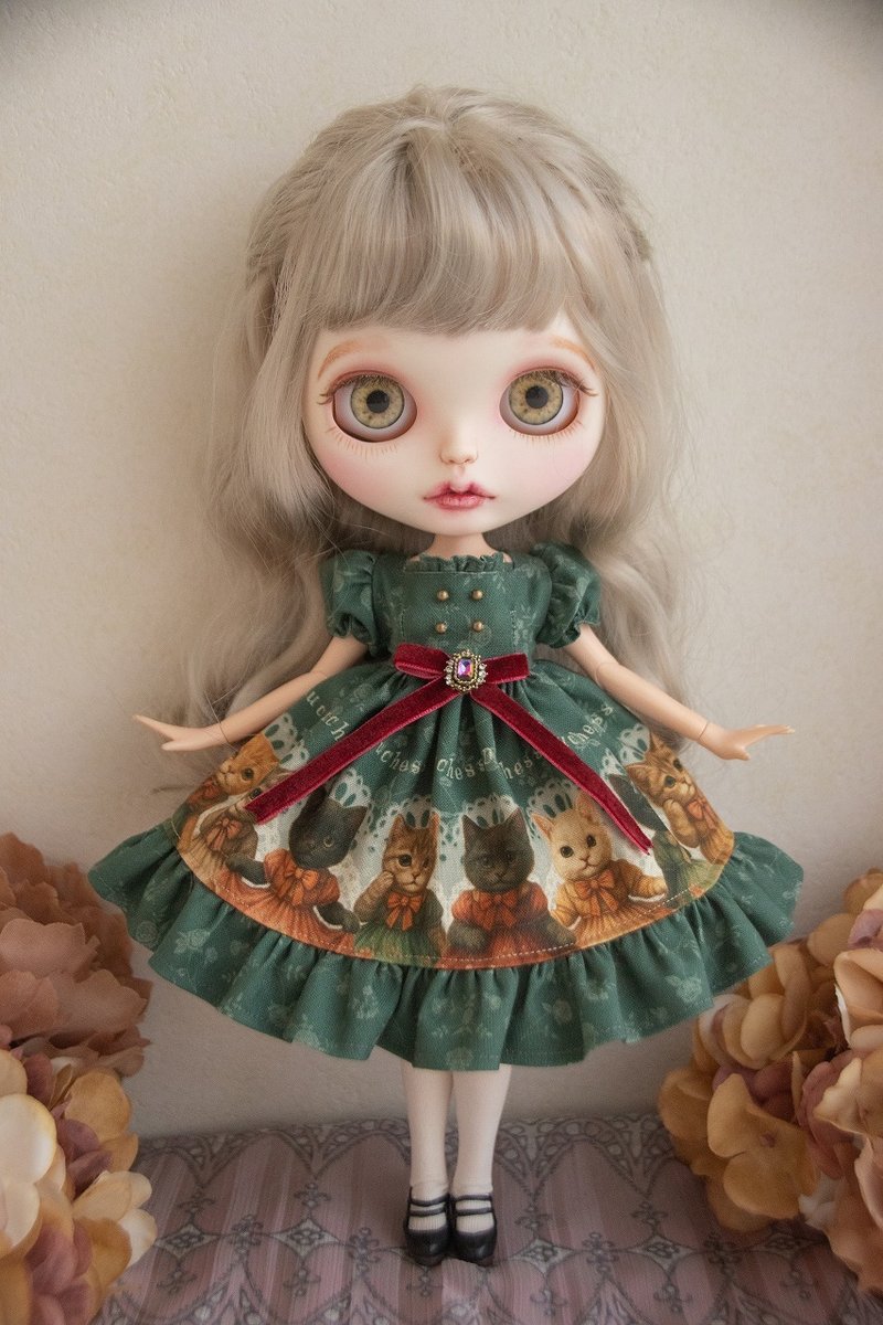ブライス　服　ドレス　ワンピース　アンティークキャッツワンピ　グリーン - 其他 - 棉．麻 綠色
