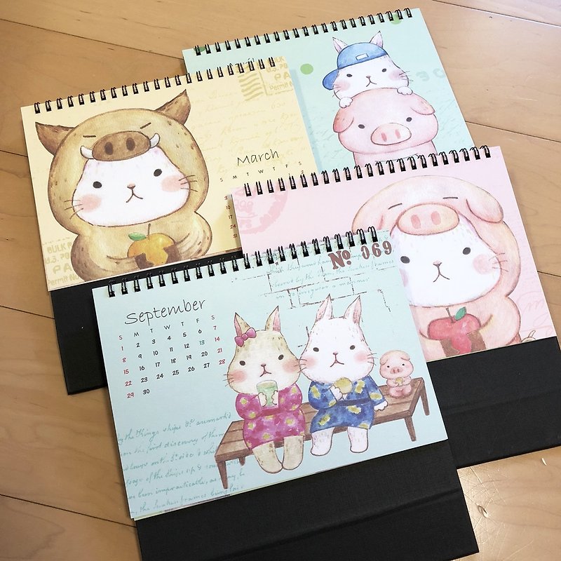 2019 desk calendar / Meng Meng white rabbit and pig friend / buy four / one Christmas gift - Calendars - Paper 