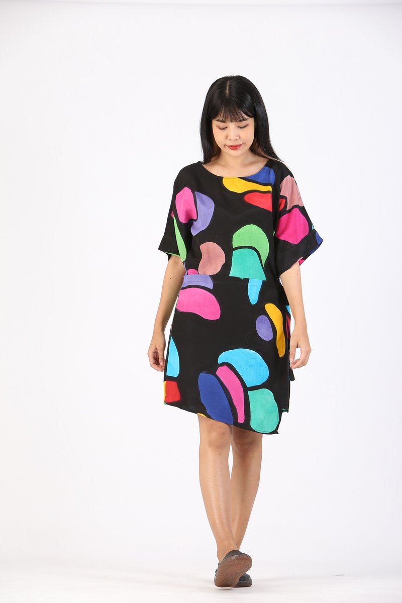 Short Dress Cotton Rayon Hand Paint - 洋裝/連身裙 - 棉．麻 多色