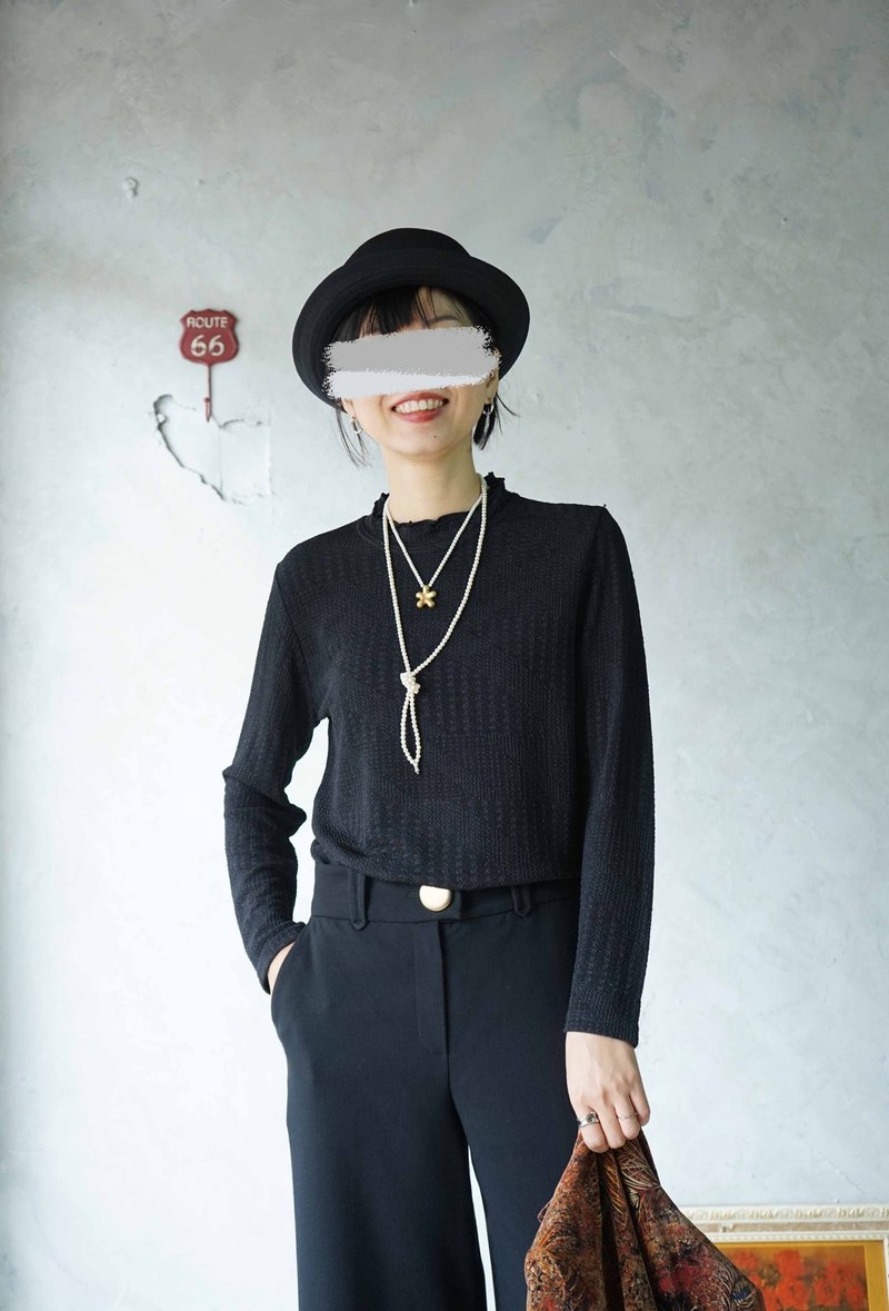 Vintage Treasure Hunt - Black Houndstooth Knit Mock Neck Fold-over Top - Women's Tops - Polyester Black