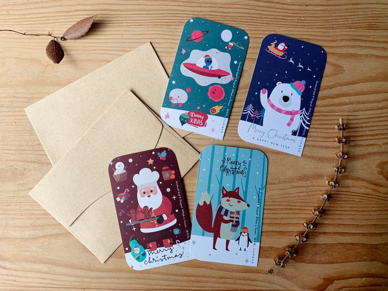 嗨嗨聖誕小卡四件套組-洛可可草莓手創明信片 聖誕卡片 - 卡片/明信片 - 紙 