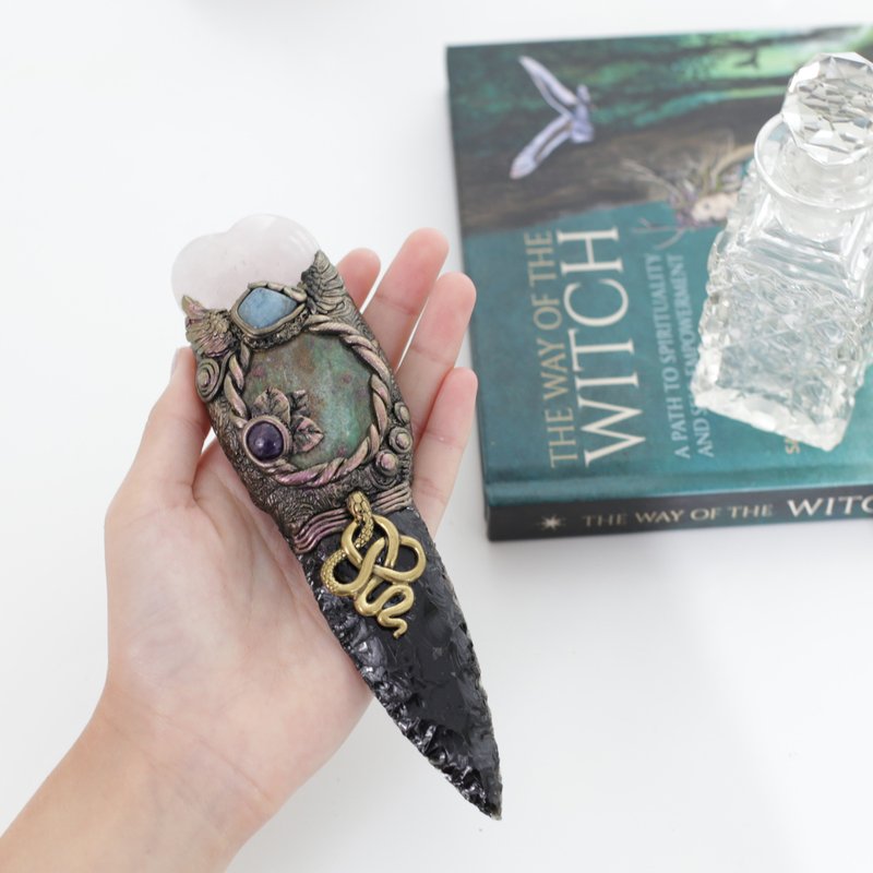 Crystal Magic Wand ~ Rose Quartz with Obsidian Sword - ของวางตกแต่ง - คริสตัล สีดำ