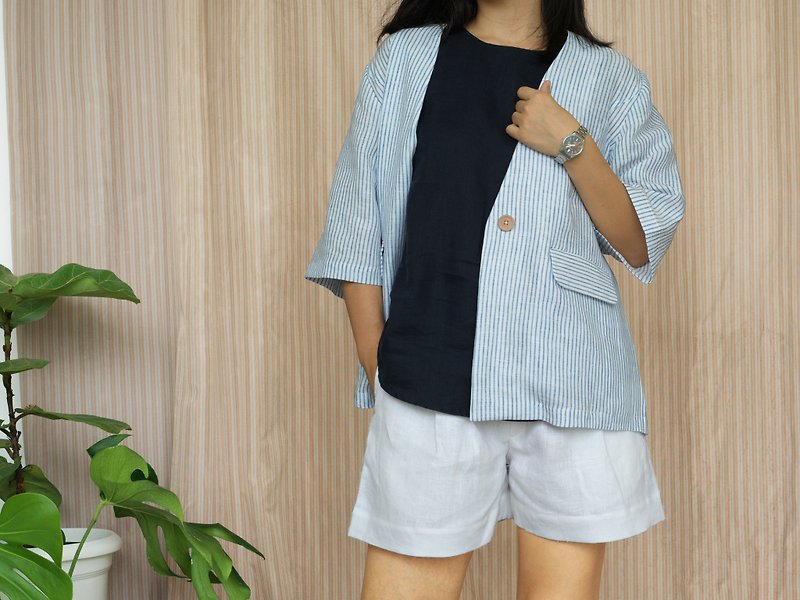 strip pattern linen blazer / collarless / linen jacket suit / blue white - เสื้อสูท/เสื้อคลุมยาว - ลินิน ขาว