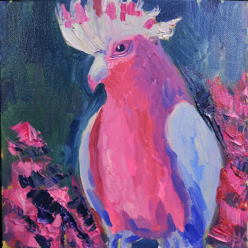 ピンクの鳥の絵、キャンバスに油彩、オリジナルの鳥の壁の芸術