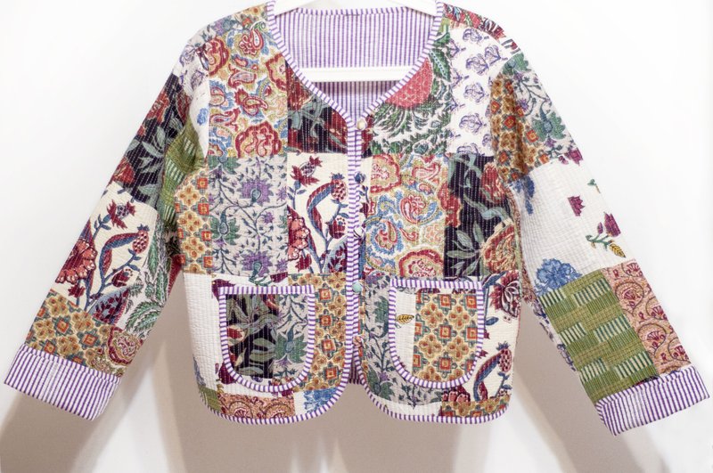 木刻印純棉外套 印度棉有機棉 手工蓋印拼接鋪棉外套-粉紫色花朵 - 女大衣/外套 - 棉．麻 多色