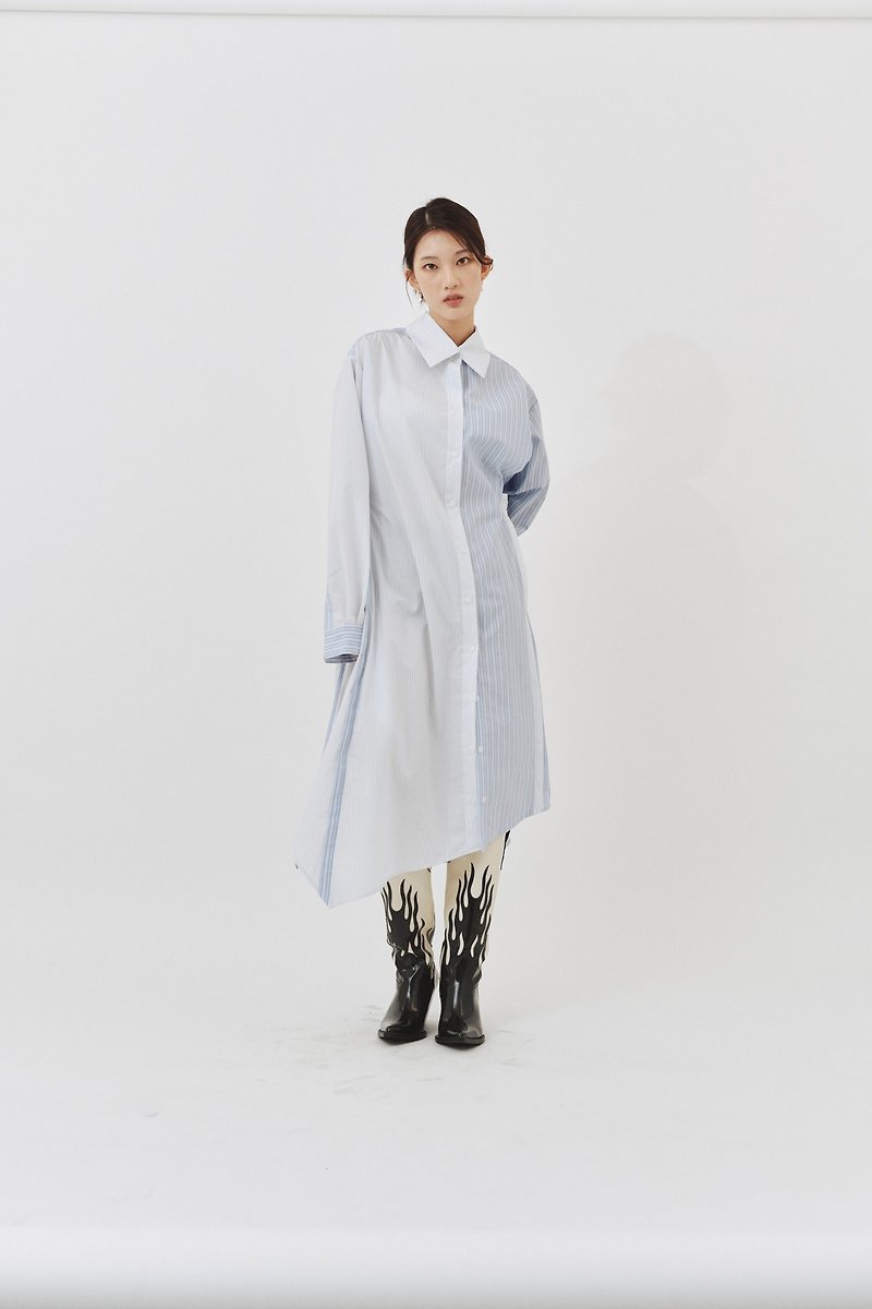 3WAY SHIRT DRESS / Three-way asymmetric shirt dress - เสื้อเชิ้ตผู้หญิง - ผ้าฝ้าย/ผ้าลินิน สีน้ำเงิน