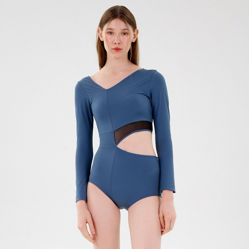 ชุดว่ายน้ำวันพีซแขนยาว ผ้า Recycle - Meg suit - สีฟ้าหม่น 082DUST - ชุดว่ายน้ำผู้หญิง - วัสดุอีโค สีน้ำเงิน