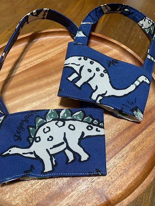 winnie設計館 文青風環保手提杯袋 恐龍 侏羅紀 吸睛藍 手工雙面 環保飲料袋
