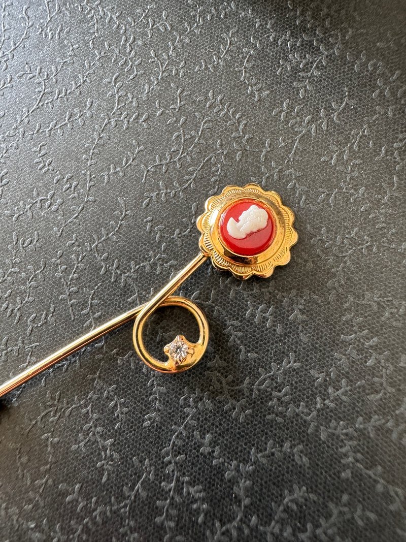 古董Vintage金色雕花CAMEO仕女萊茵石別針胸針領帶針B1792 - 胸針 - 其他金屬 金色