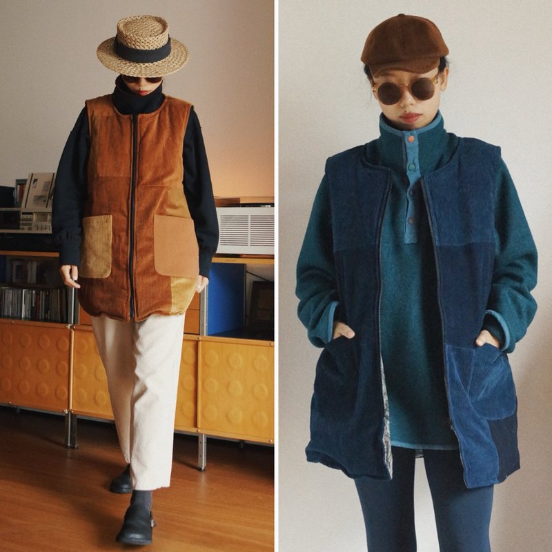 Indigo and caramel corduroy patchwork cashew cotton winter down vest down jacket - เสื้อแจ็คเก็ต - ขนแกะ สีส้ม